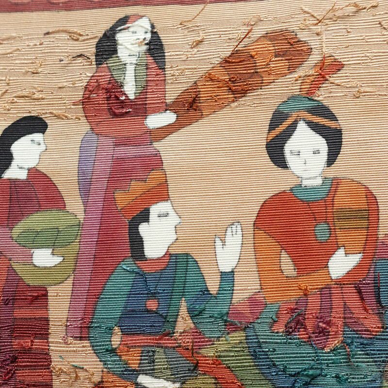 名古屋帯 髭紬 太鼓柄 良品 正絹 人物・動物柄 名古屋仕立て 帯 小豆・エンジ_画像6