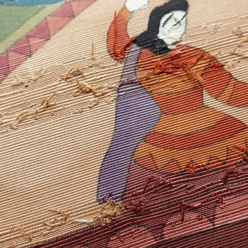 名古屋帯 髭紬 太鼓柄 良品 正絹 人物・動物柄 名古屋仕立て 帯 小豆・エンジ_画像7