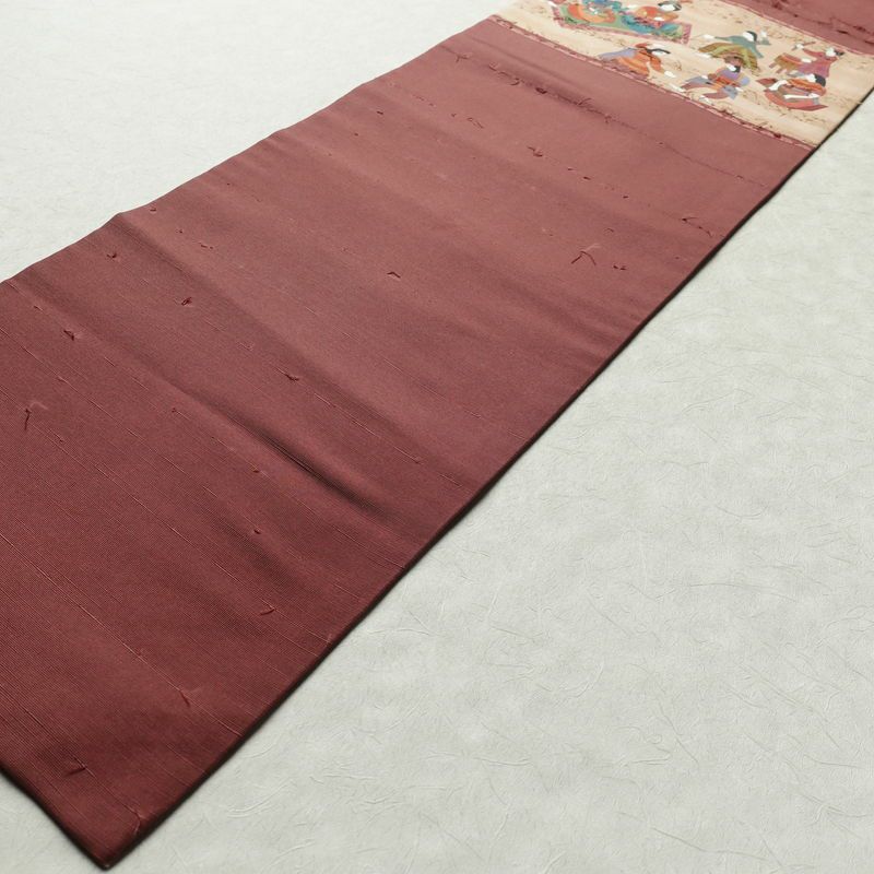 名古屋帯 髭紬 太鼓柄 良品 正絹 人物・動物柄 名古屋仕立て 帯 小豆・エンジ_画像9