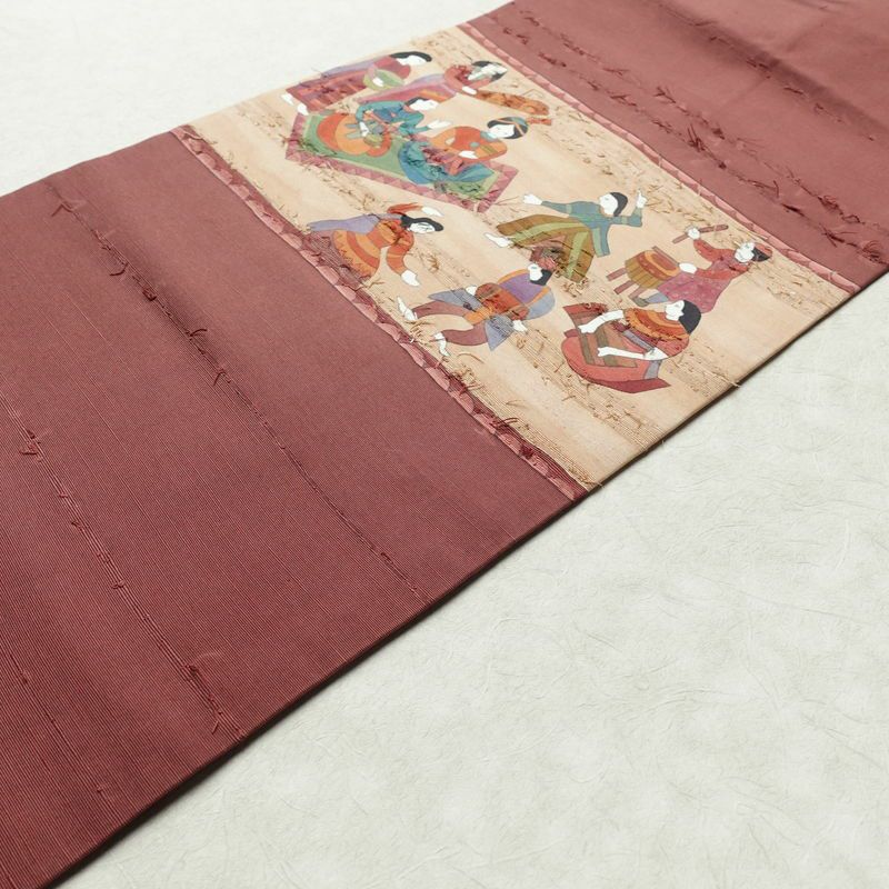 名古屋帯 髭紬 太鼓柄 良品 正絹 人物・動物柄 名古屋仕立て 帯 小豆・エンジ_画像12