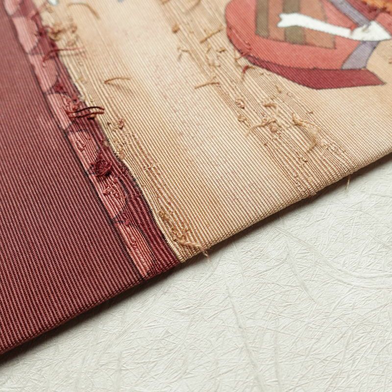 名古屋帯 髭紬 太鼓柄 良品 正絹 人物・動物柄 名古屋仕立て 帯 小豆・エンジ_画像13