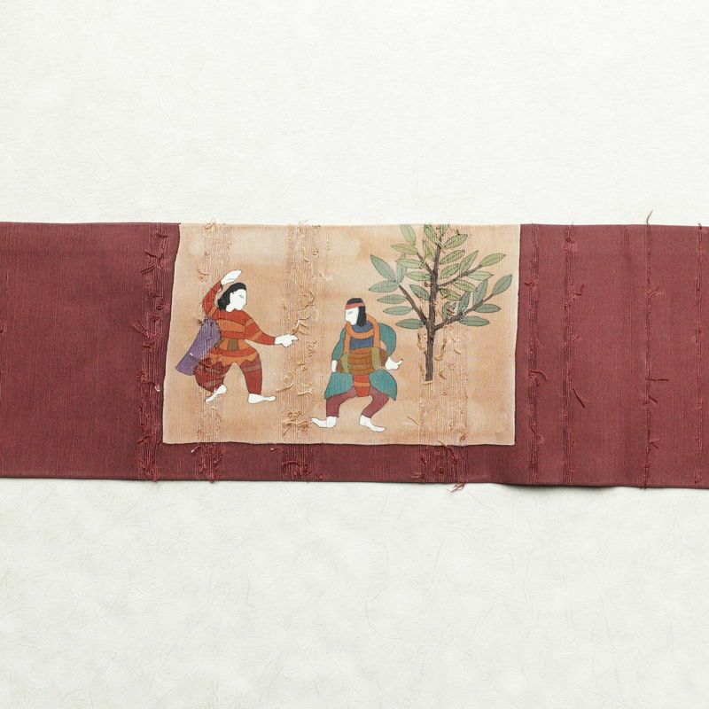 名古屋帯 髭紬 太鼓柄 良品 正絹 人物・動物柄 名古屋仕立て 帯 小豆・エンジ_画像14