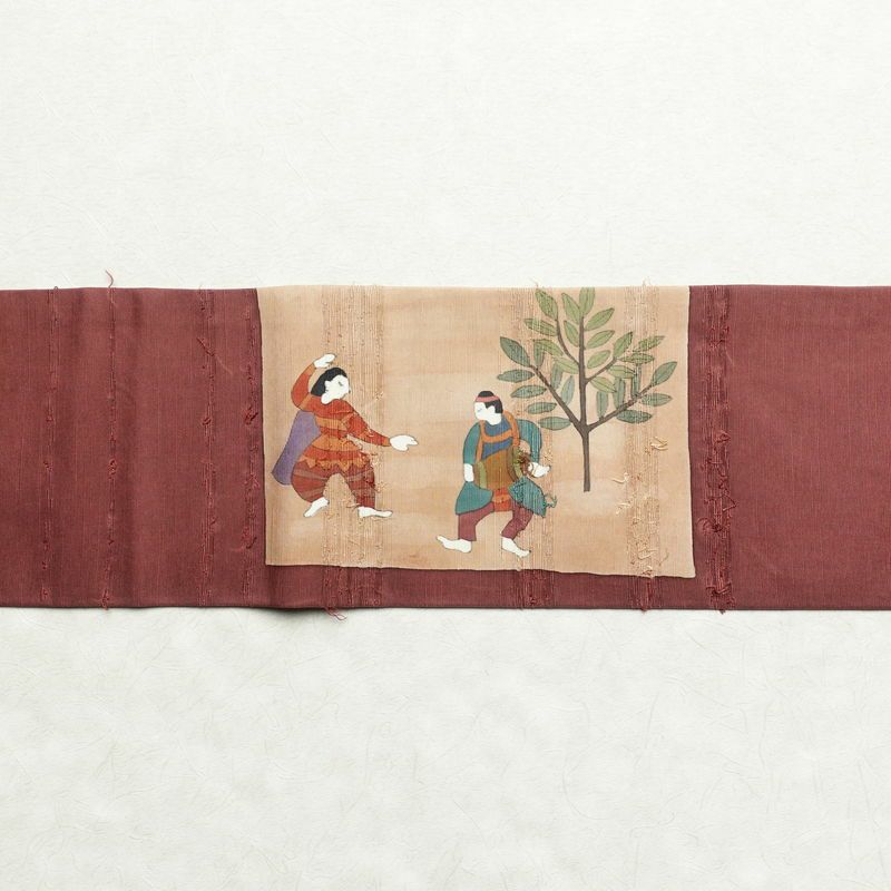 名古屋帯 髭紬 太鼓柄 良品 正絹 人物・動物柄 名古屋仕立て 帯 小豆・エンジ_画像15