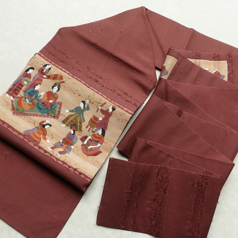 名古屋帯 髭紬 太鼓柄 良品 正絹 人物・動物柄 名古屋仕立て 帯 小豆・エンジ_画像17