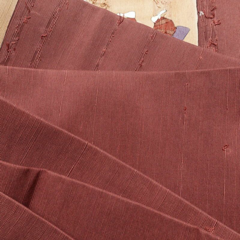 名古屋帯 髭紬 太鼓柄 良品 正絹 人物・動物柄 名古屋仕立て 帯 小豆・エンジ_画像18