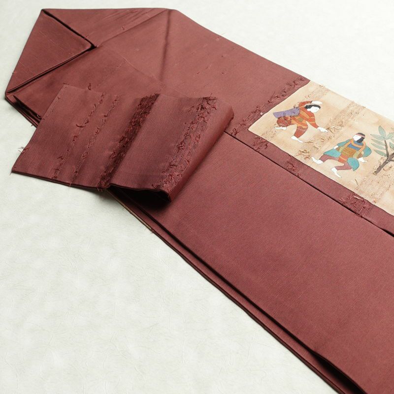 名古屋帯 髭紬 太鼓柄 良品 正絹 人物・動物柄 名古屋仕立て 帯 小豆・エンジ_画像21