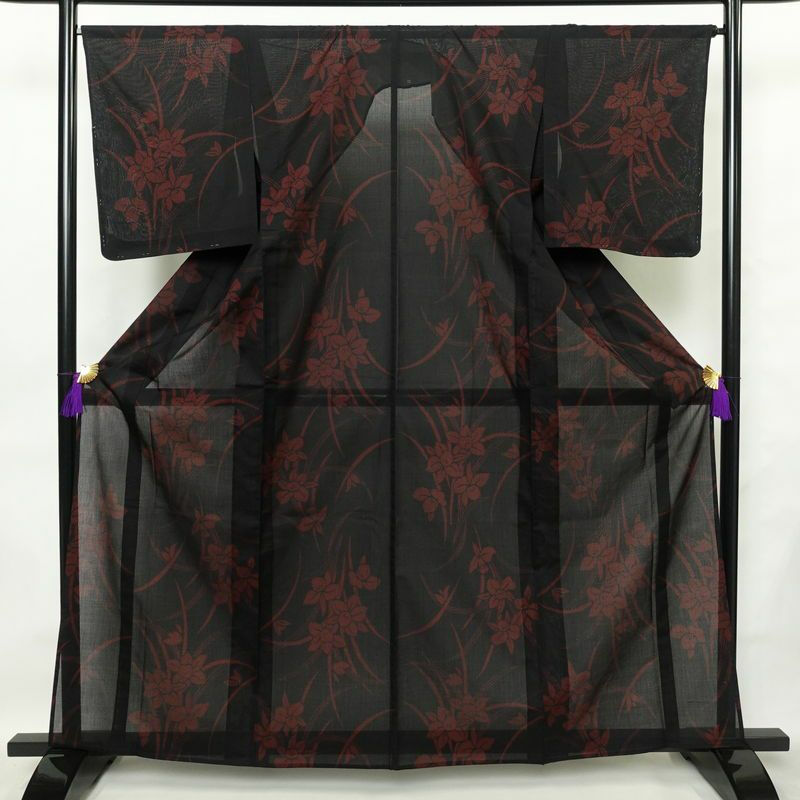 盛夏 良品 夏用 しつけ糸付き 正絹 花柄 単衣仕立て 身丈162.5cm 裄丈66.5cm 着物 黒_画像1