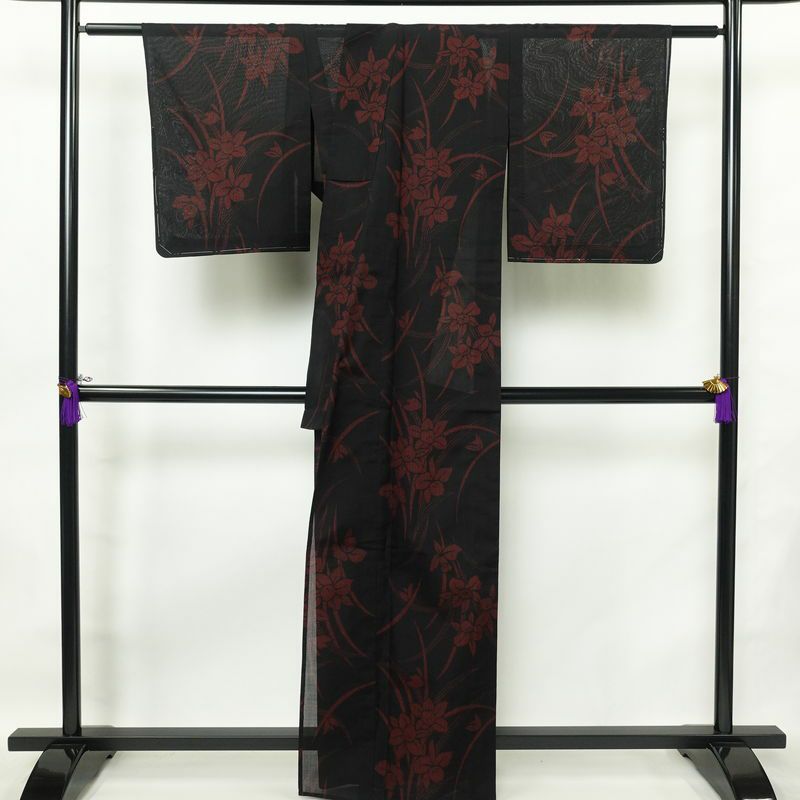 盛夏 良品 夏用 しつけ糸付き 正絹 花柄 単衣仕立て 身丈162.5cm 裄丈66.5cm 着物 黒_画像2
