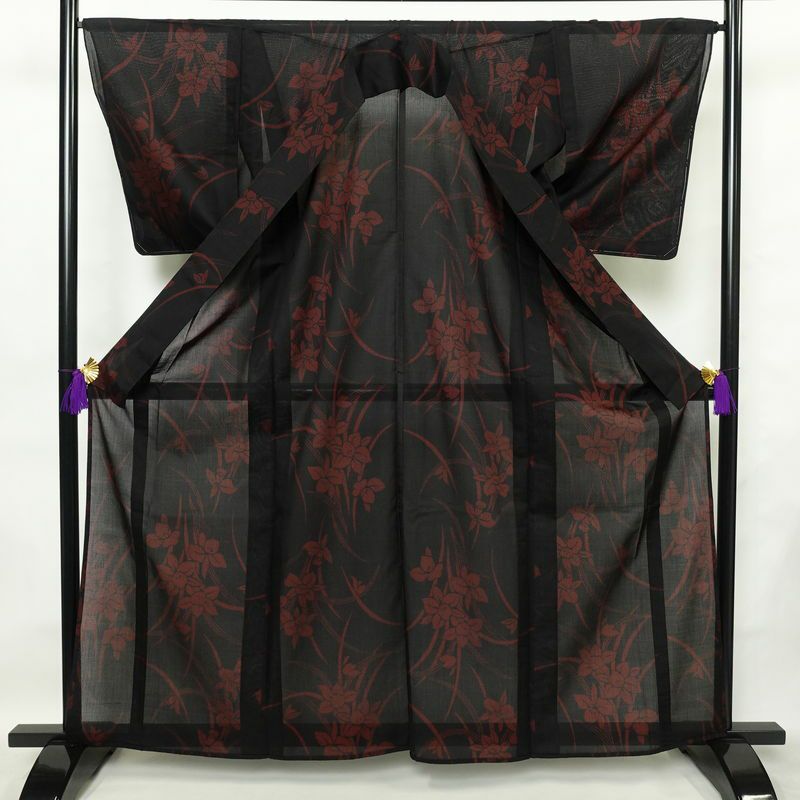 盛夏 良品 夏用 しつけ糸付き 正絹 花柄 単衣仕立て 身丈162.5cm 裄丈66.5cm 着物 黒_画像3