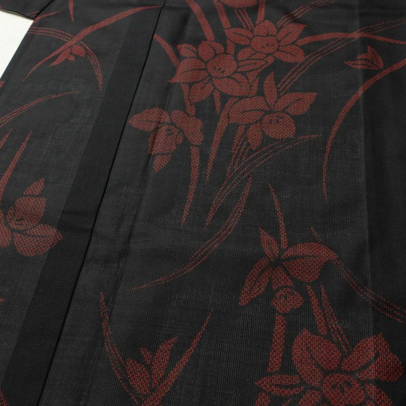 盛夏 良品 夏用 しつけ糸付き 正絹 花柄 単衣仕立て 身丈162.5cm 裄丈66.5cm 着物 黒_画像5