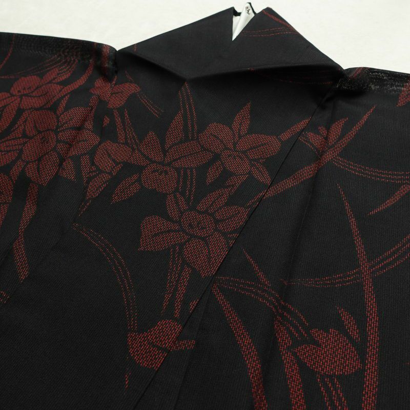 盛夏 良品 夏用 しつけ糸付き 正絹 花柄 単衣仕立て 身丈162.5cm 裄丈66.5cm 着物 黒_画像16