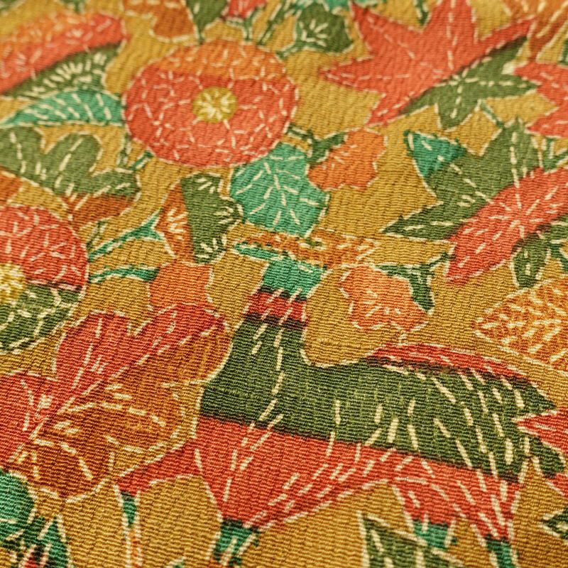 小紋 縮緬 総柄 正絹 木の葉・植物柄 袷仕立て 身丈151.5cm 裄丈63cm 着物 黄・黄土色_画像7