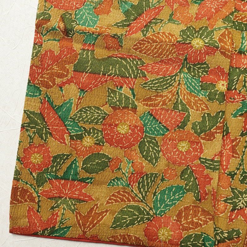 小紋 縮緬 総柄 正絹 木の葉・植物柄 袷仕立て 身丈151.5cm 裄丈63cm 着物 黄・黄土色_画像11