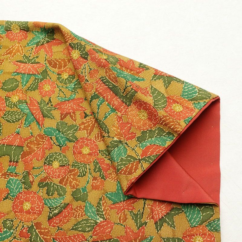 小紋 縮緬 総柄 正絹 木の葉・植物柄 袷仕立て 身丈151.5cm 裄丈63cm 着物 黄・黄土色_画像13