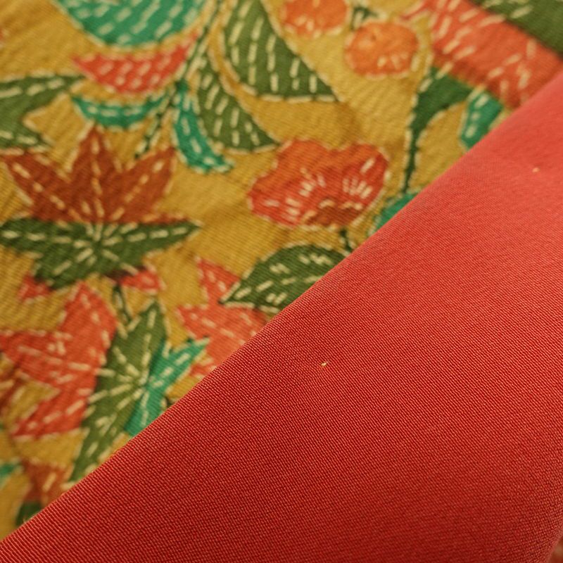 小紋 縮緬 総柄 正絹 木の葉・植物柄 袷仕立て 身丈151.5cm 裄丈63cm 着物 黄・黄土色_画像19