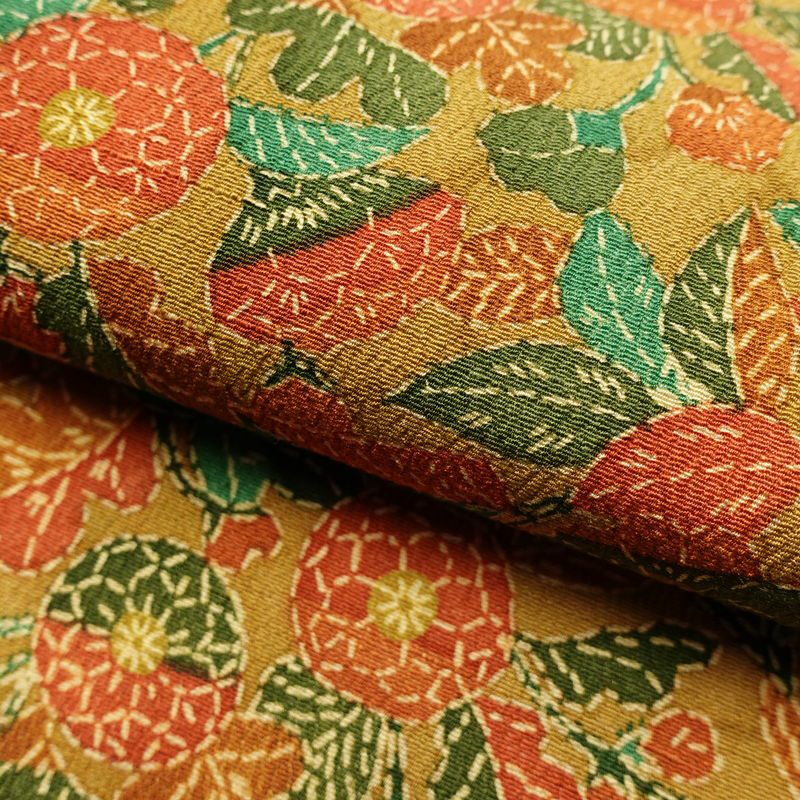 小紋 縮緬 総柄 正絹 木の葉・植物柄 袷仕立て 身丈151.5cm 裄丈63cm 着物 黄・黄土色_画像20