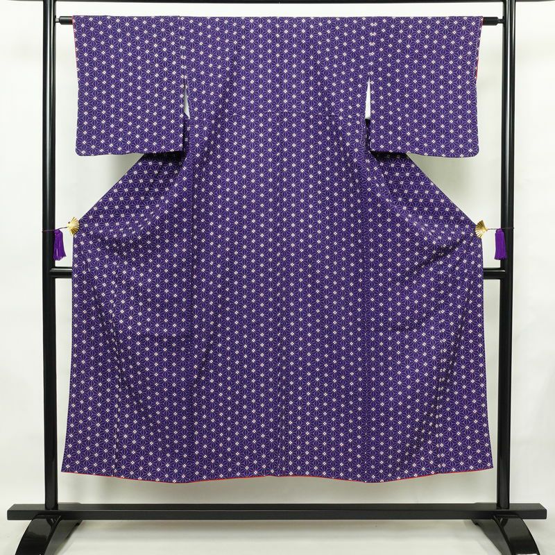 小紋 縮緬 正絹 麻の葉柄 袷仕立て 身丈147cm 裄丈62.5cm 着物 紫・藤色_画像1