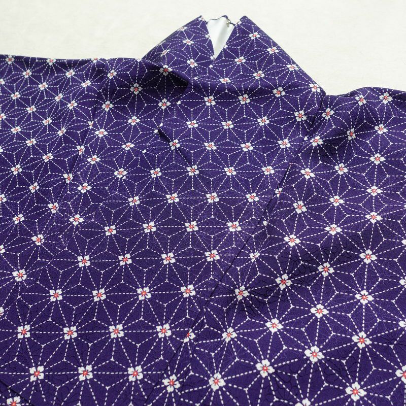 小紋 縮緬 正絹 麻の葉柄 袷仕立て 身丈147cm 裄丈62.5cm 着物 紫・藤色_画像16