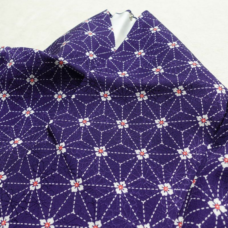 小紋 縮緬 正絹 麻の葉柄 袷仕立て 身丈147cm 裄丈62.5cm 着物 紫・藤色_画像17
