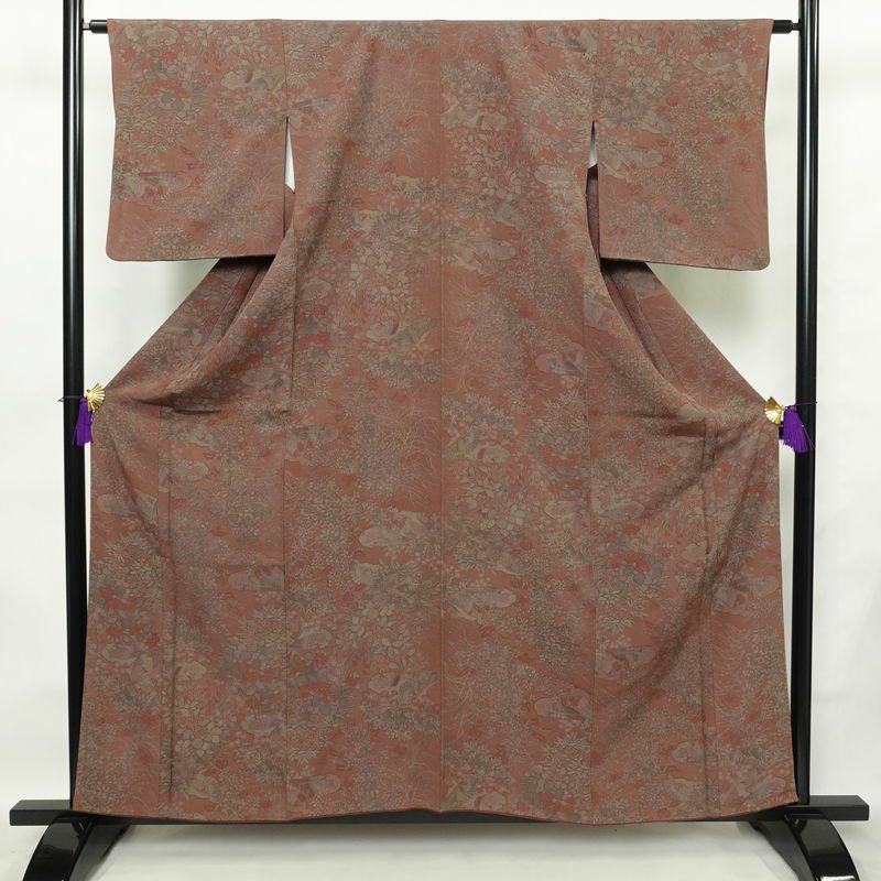 小紋 縮緬 正絹 人物・動物柄 袷仕立て 身丈159cm 裄丈64cm 着物 ピンク_画像1