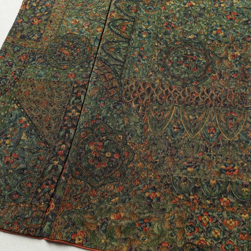 小紋 良品 縮緬 総柄 正絹 木の葉・植物柄 袷仕立て 身丈158cm 裄丈65cm 着物 緑・うぐいす色_画像4