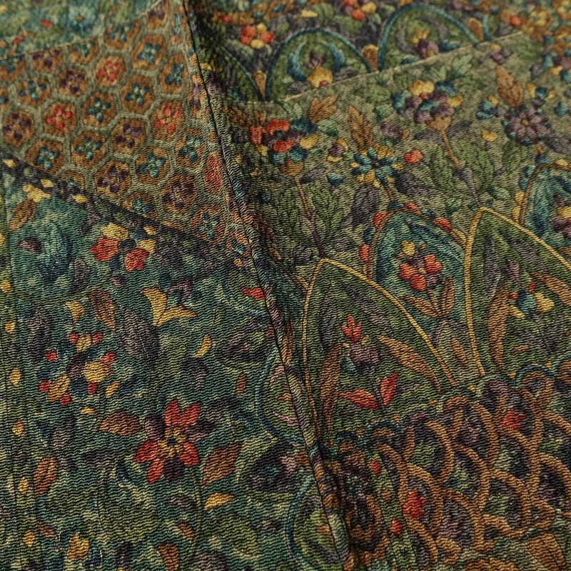 小紋 良品 縮緬 総柄 正絹 木の葉・植物柄 袷仕立て 身丈158cm 裄丈65cm 着物 緑・うぐいす色_画像10