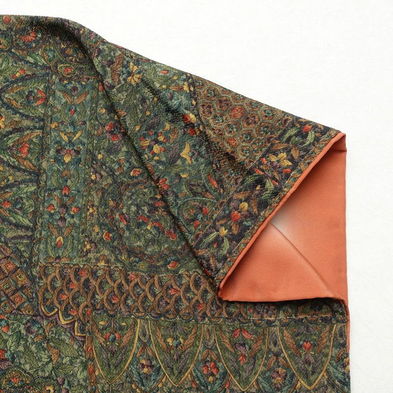 小紋 良品 縮緬 総柄 正絹 木の葉・植物柄 袷仕立て 身丈158cm 裄丈65cm 着物 緑・うぐいす色_画像14