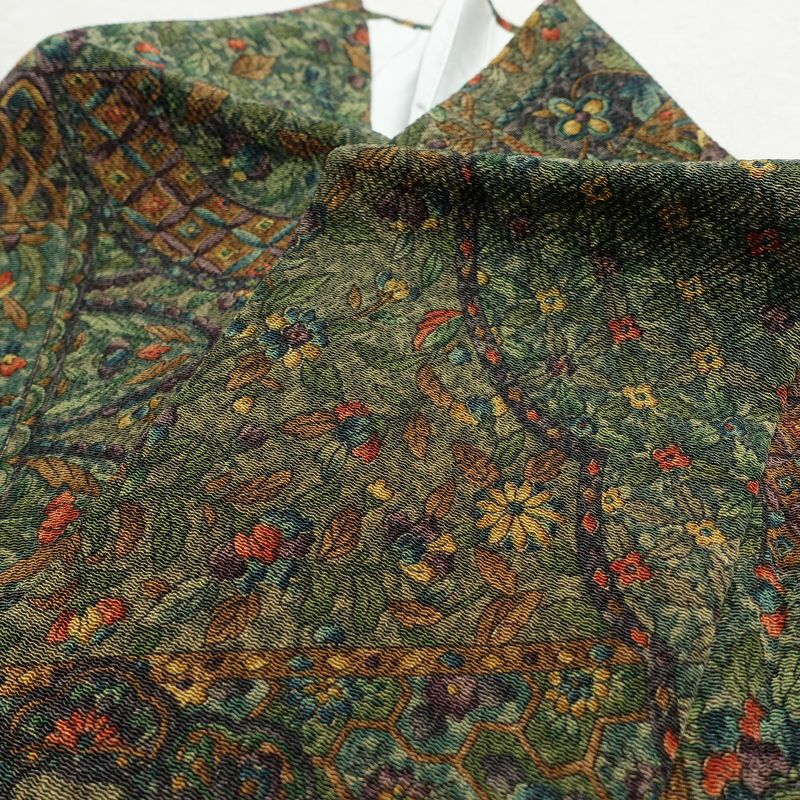 小紋 良品 縮緬 総柄 正絹 木の葉・植物柄 袷仕立て 身丈158cm 裄丈65cm 着物 緑・うぐいす色_画像17