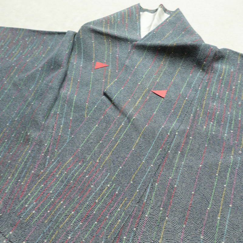 小紋 縮緬 正絹 幾何学柄・抽象柄 袷仕立て 身丈153cm 裄丈63cm 着物 青・紺_画像11