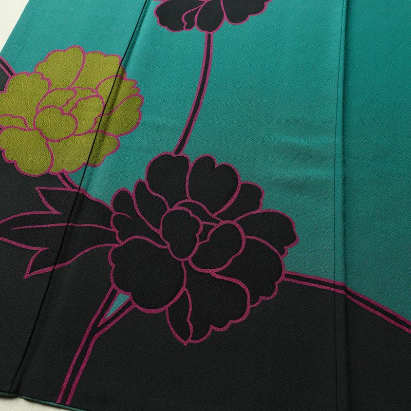 振袖 落款入り 草野一騎 縮緬 正絹 花柄 袷仕立て 身丈168cm 裄丈70.5cm フォーマル 二十歳 着物 緑・うぐいす色_画像4