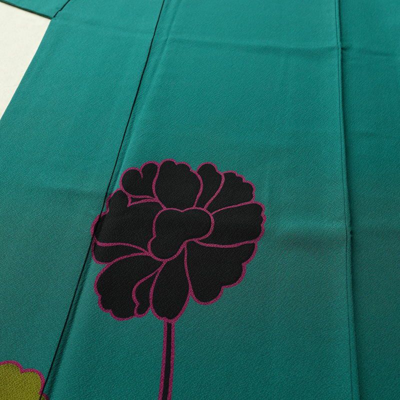 振袖 落款入り 草野一騎 縮緬 正絹 花柄 袷仕立て 身丈168cm 裄丈70.5cm フォーマル 二十歳 着物 緑・うぐいす色_画像5