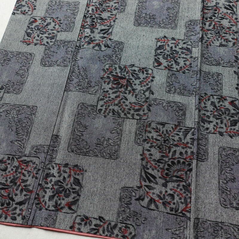 紬 正絹 木の葉・植物柄 袷仕立て 身丈159cm 裄丈66cm 着物 グレー_画像4