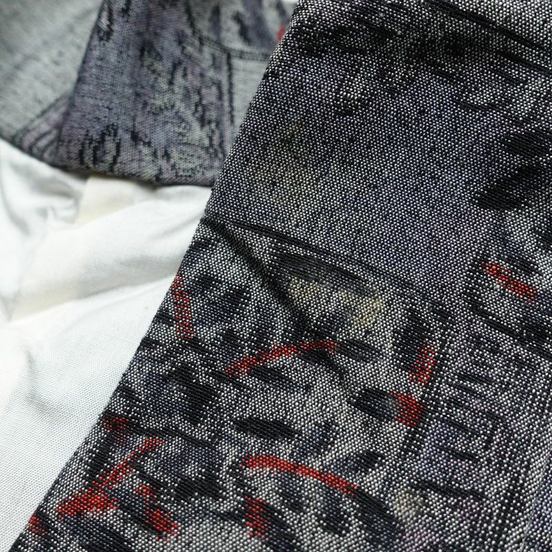 紬 正絹 木の葉・植物柄 袷仕立て 身丈159cm 裄丈66cm 着物 グレー_画像15