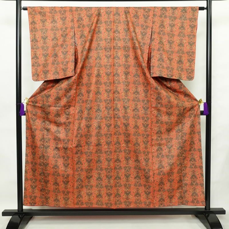 小紋 良品 紬地 しつけ糸付き 正絹 木の葉・植物柄 袷仕立て 身丈155.5cm 裄丈63cm 着物 橙_画像1