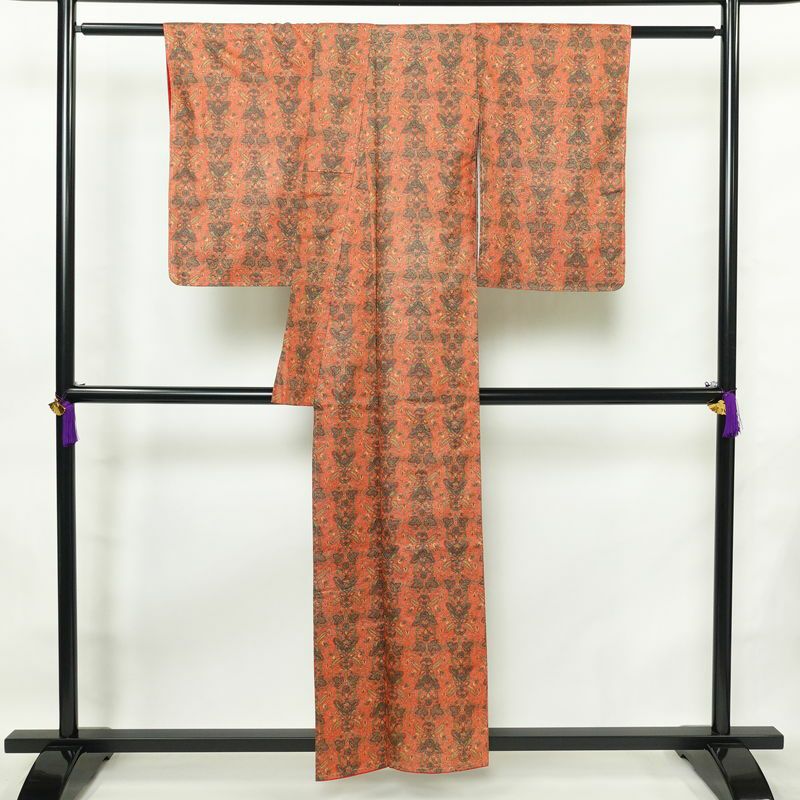 小紋 良品 紬地 しつけ糸付き 正絹 木の葉・植物柄 袷仕立て 身丈155.5cm 裄丈63cm 着物 橙_画像2