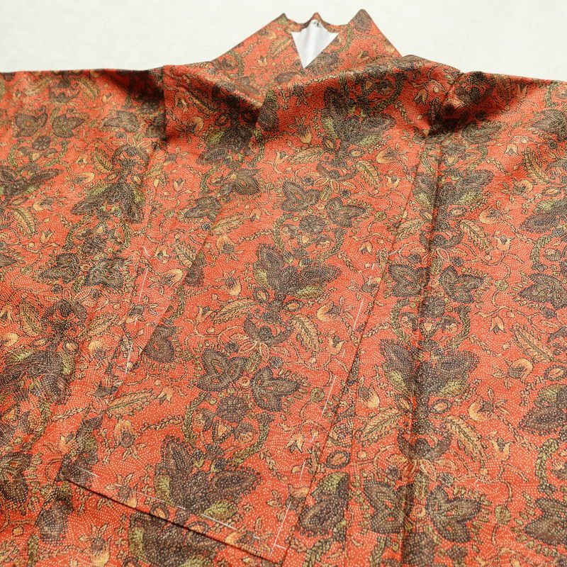 小紋 良品 紬地 しつけ糸付き 正絹 木の葉・植物柄 袷仕立て 身丈155.5cm 裄丈63cm 着物 橙_画像16