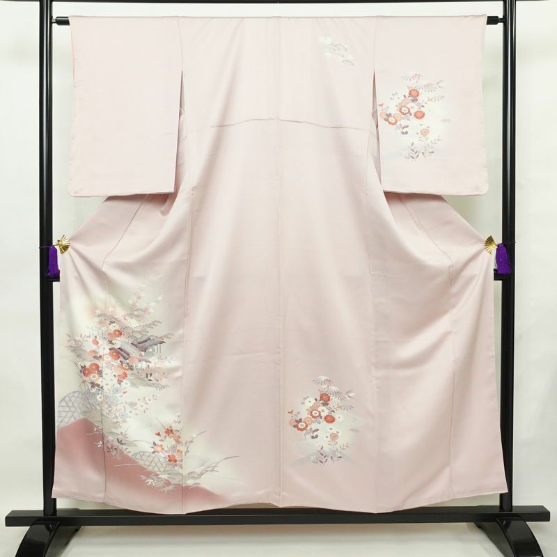 付け下げ 良品 しつけ糸付き 正絹 花柄 袷仕立て 身丈154.5cm 裄丈64cm フォーマル 着物 ピンク_画像1