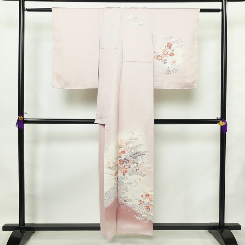 付け下げ 良品 しつけ糸付き 正絹 花柄 袷仕立て 身丈154.5cm 裄丈64cm フォーマル 着物 ピンク_画像2