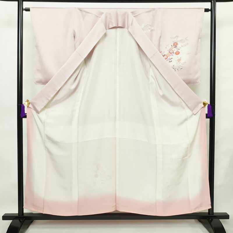 付け下げ 良品 しつけ糸付き 正絹 花柄 袷仕立て 身丈154.5cm 裄丈64cm フォーマル 着物 ピンク_画像3