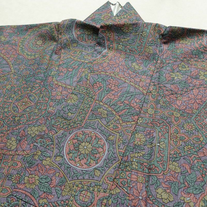 小紋 しつけ糸付き 紬地 正絹 木の葉・植物柄 袷仕立て 身丈159cm 裄丈65.5cm 着物 多色使い_画像16