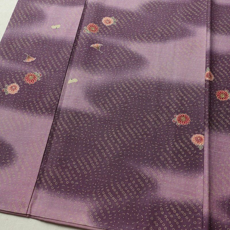 小紋 紬地 正絹 花柄 袷仕立て 身丈161.5cm 裄丈67cm 着物 紫・藤色_画像4