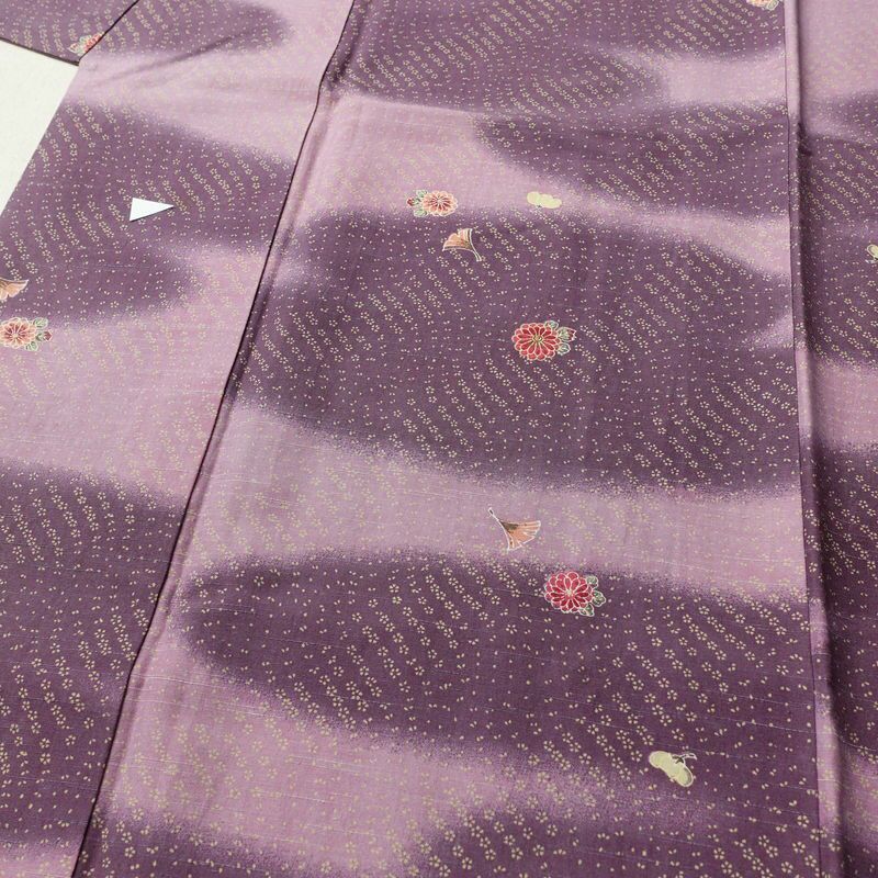 小紋 紬地 正絹 花柄 袷仕立て 身丈161.5cm 裄丈67cm 着物 紫・藤色_画像5