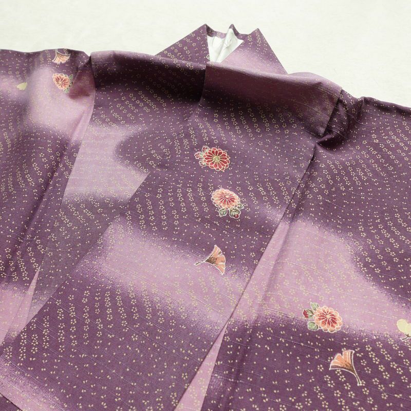 小紋 紬地 正絹 花柄 袷仕立て 身丈161.5cm 裄丈67cm 着物 紫・藤色_画像16