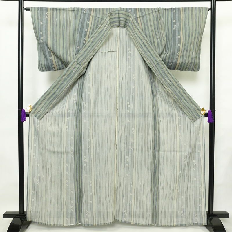 盛夏 小紋 夏用 正絹 縞柄・線柄 単衣仕立て 身丈165cm 裄丈65cm 一部しつけ糸付き 着物 緑・うぐいす色_画像3