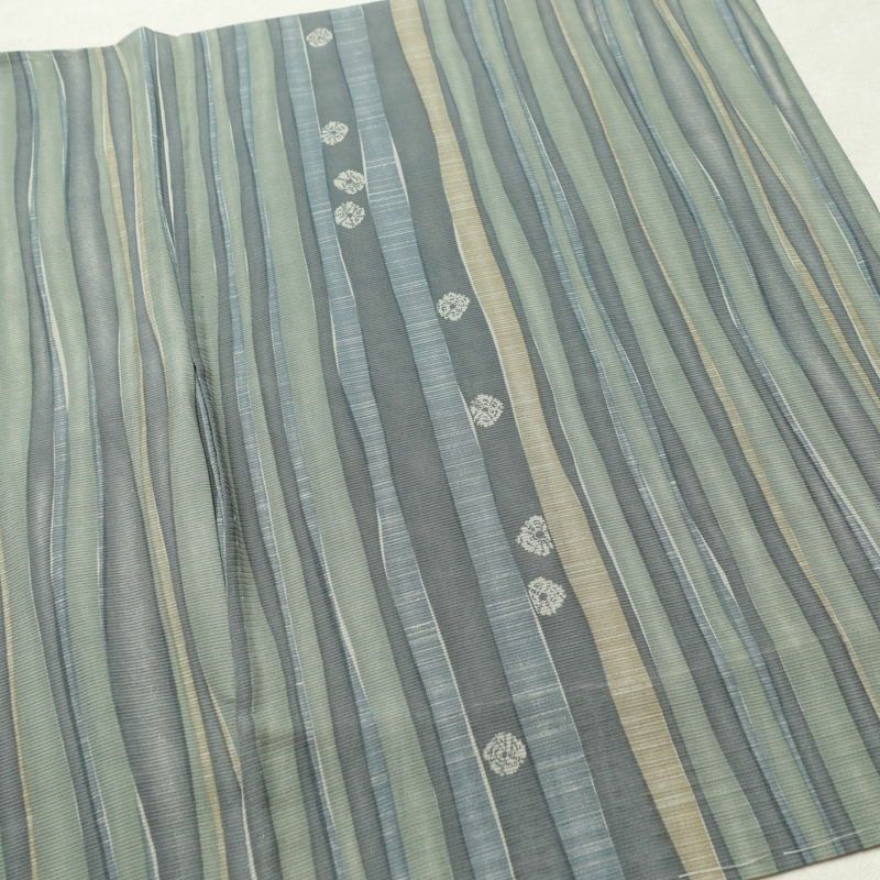 盛夏 小紋 夏用 正絹 縞柄・線柄 単衣仕立て 身丈165cm 裄丈65cm 一部しつけ糸付き 着物 緑・うぐいす色_画像14
