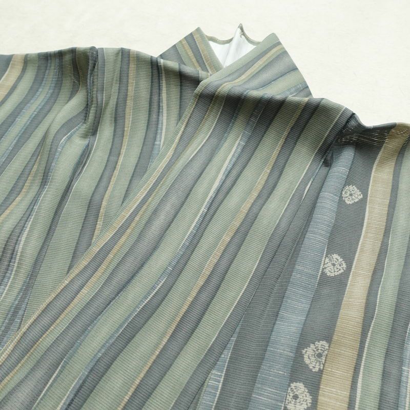 盛夏 小紋 夏用 正絹 縞柄・線柄 単衣仕立て 身丈165cm 裄丈65cm 一部しつけ糸付き 着物 緑・うぐいす色_画像16