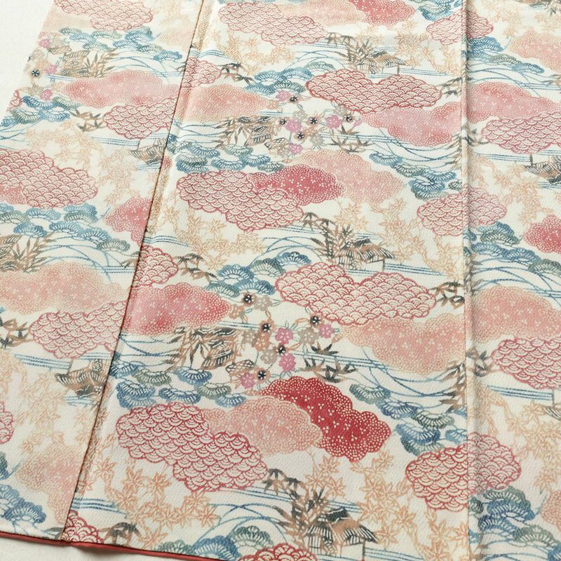 小紋 縮緬 正絹 古典柄 袷仕立て 身丈154cm 裄丈66.5cm 着物 クリーム_画像4