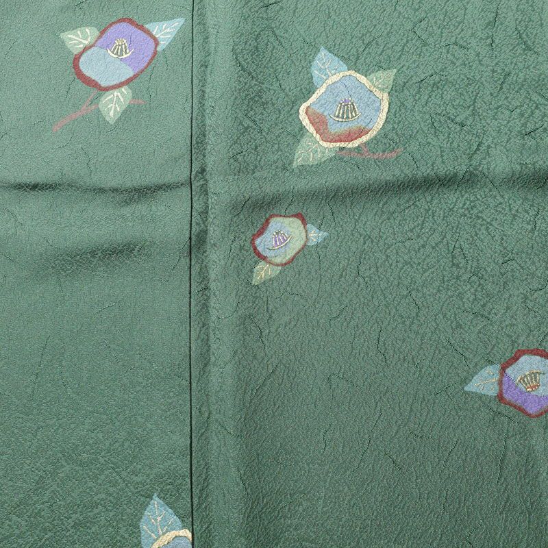 小紋 正絹 花柄 袷仕立て 身丈157cm 裄丈67cm 箔 着物 緑・うぐいす色_画像6