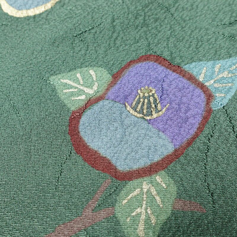 小紋 正絹 花柄 袷仕立て 身丈157cm 裄丈67cm 箔 着物 緑・うぐいす色_画像8