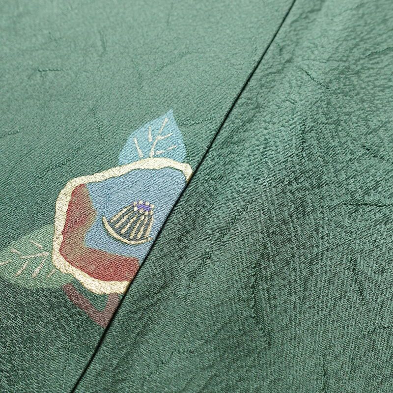 小紋 正絹 花柄 袷仕立て 身丈157cm 裄丈67cm 箔 着物 緑・うぐいす色_画像9